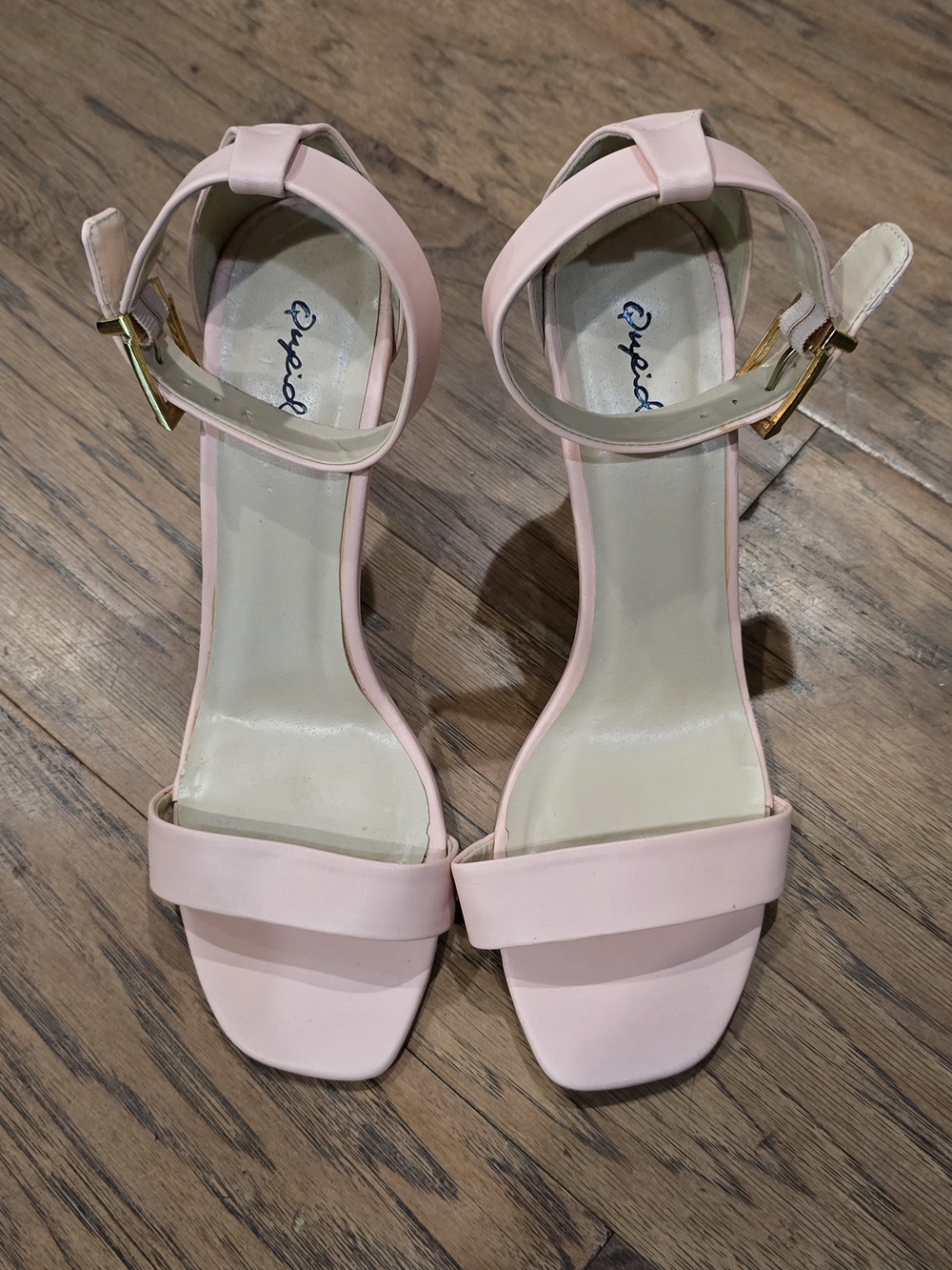 Qupid Peach/Light Pink Ankle-Strap Block Heel Sandals